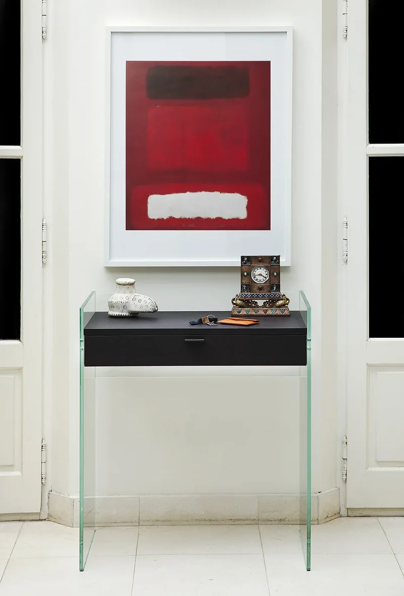 Bureau Console Zen 13 | Verre Trempé, Tiroir Bois et Poignée Cuir