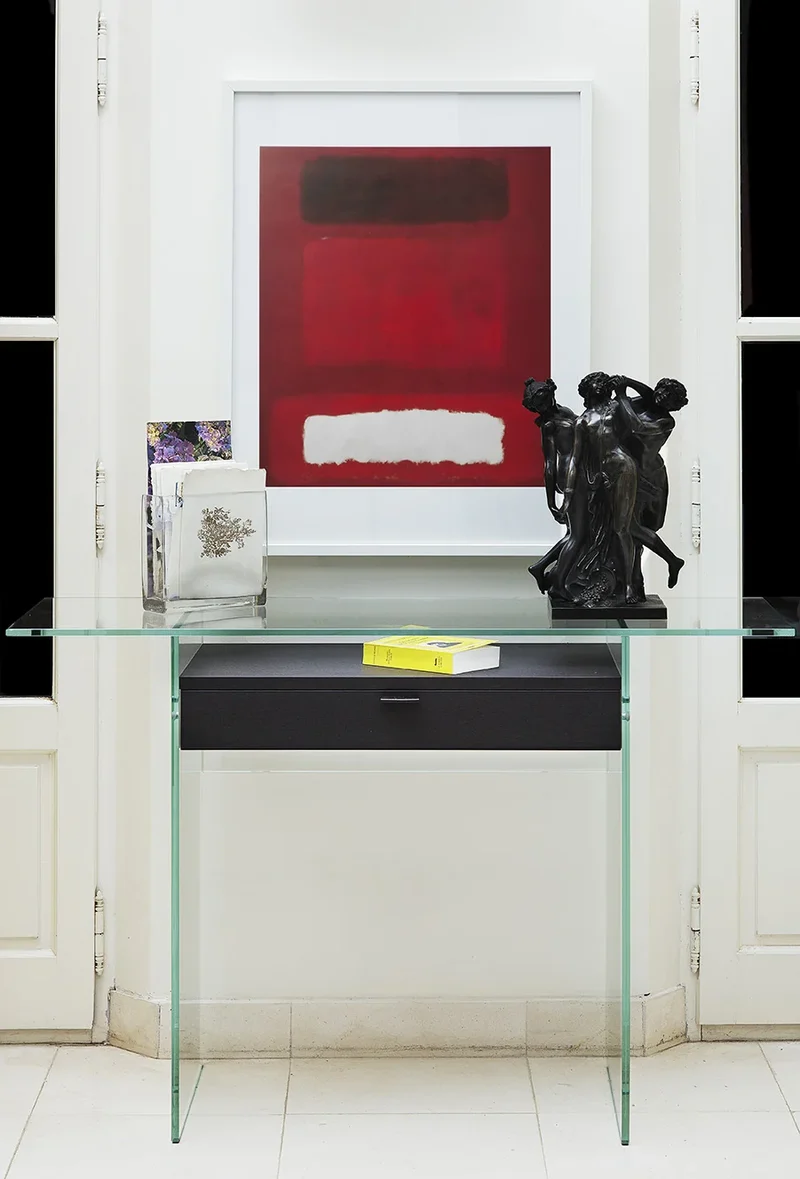 Bureau Console Zen 13 | Verre Trempé, Tiroir Bois et Poignée Cuir