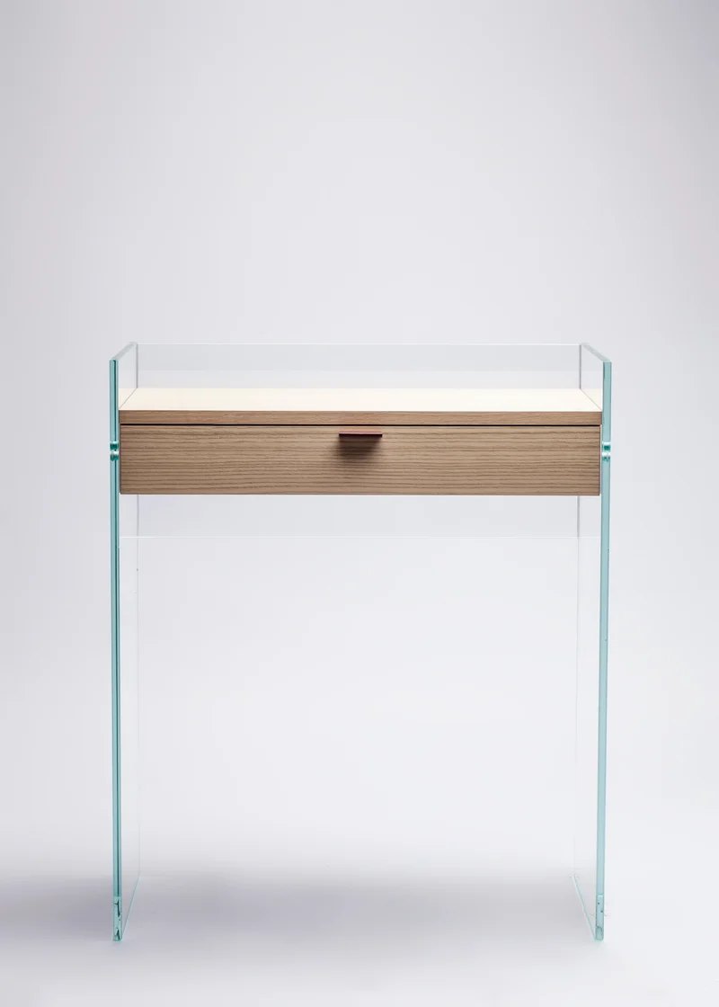 Bureau Console Zen 13 | Verre Trempé, Tiroir Bois et Poignée Cuir