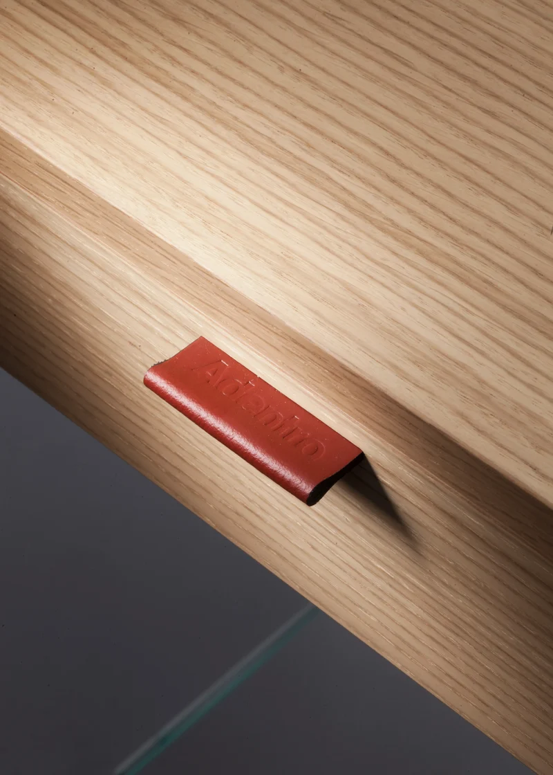 Bureau Console Zen 13 | Verre Trempé, Tiroir Bois et Poignée Cuir