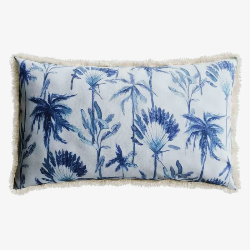 Coussin rectangulaire feuillage tropical bleu Dakar