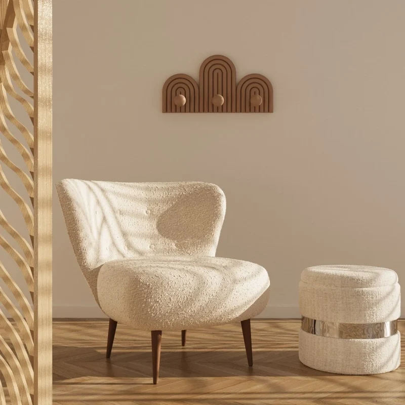 Fauteuil en tissu bouclette gris-cr me et bois