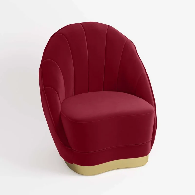 Fauteuil en velours bordeaux, base cerclage dor effet laiton