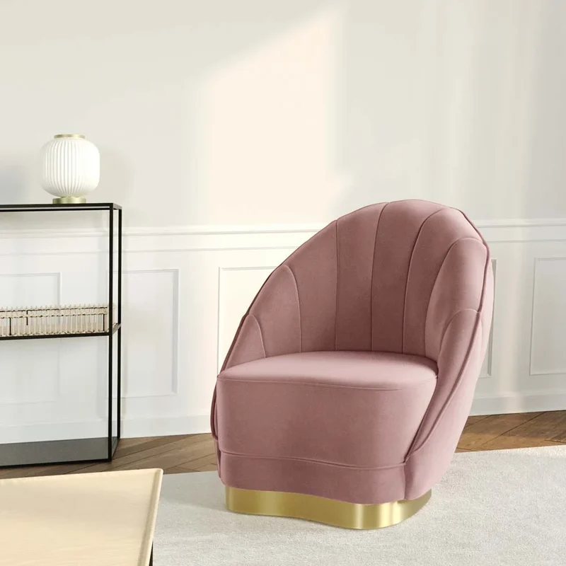 Fauteuil en velours rose vintage, base cerclage dor effet laiton