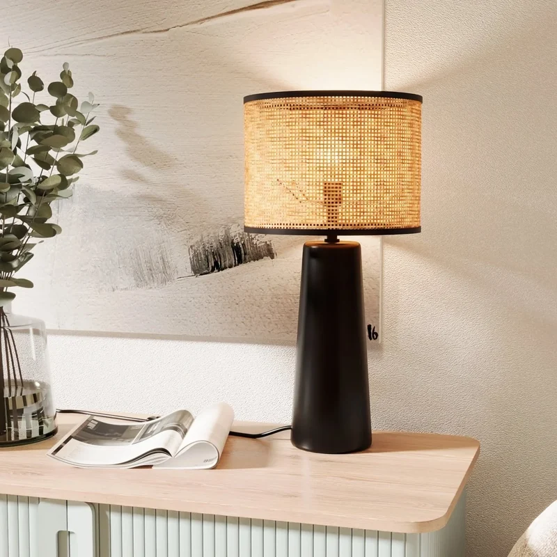 Lampe poser en c ramique noire et rotin Van Gogh