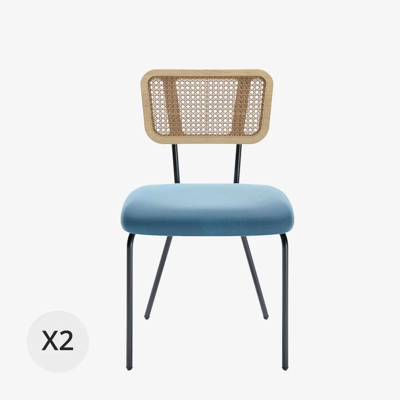 Lot de 2 chaises dossier rotin coussin velours bleu Sofia