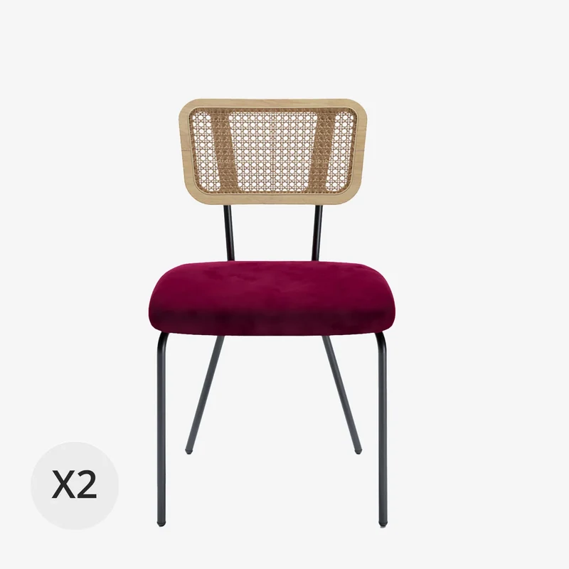 Lot de 2 chaises dossier rotin coussin velours bordeaux Sofia
