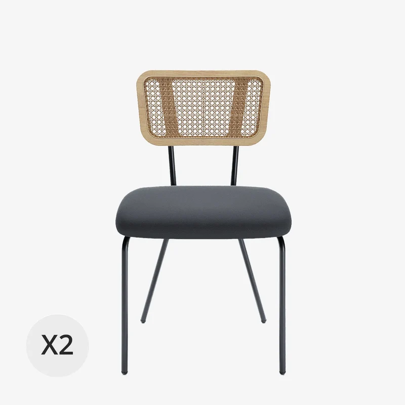 Lot de 2 chaises dossier rotin coussin velours noir Sofia