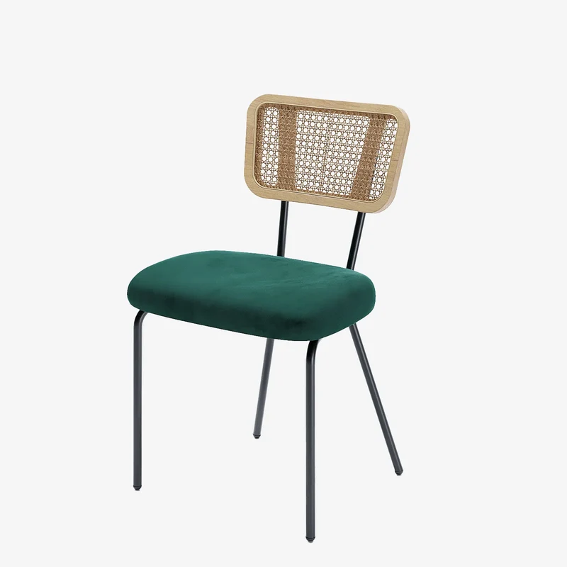 Lot de 2 chaises dossier rotin coussin velours vert Sofia