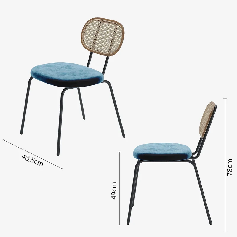 Lot de 2 chaises en rotin et velours bleu Gabrielle