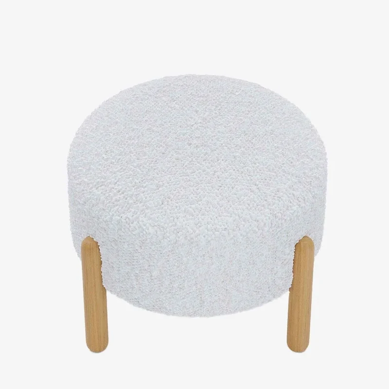 Pouf laine boucl e blanche & bois Cam lia