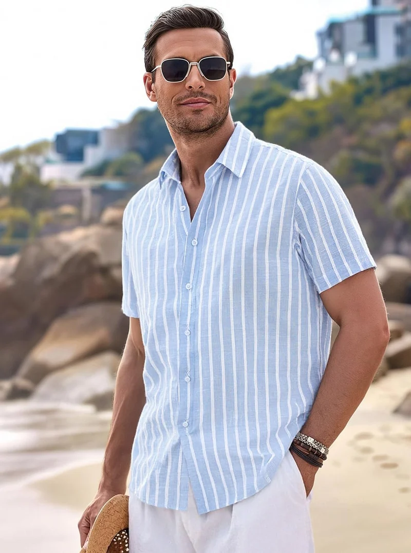 Marlo Chemise Homme – Chemise Lin Rayée, Légère & Style Été Casual Chic