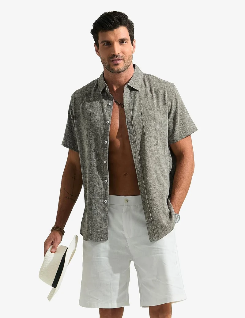 Léo Chemise Homme – Chemise Lin Manches Courtes, Respirante & Style Été Casual