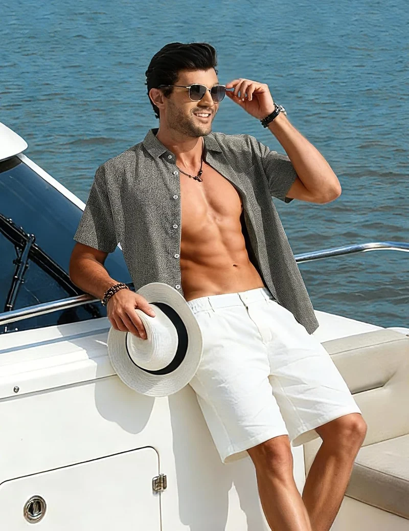 Léo Chemise Homme – Chemise Lin Manches Courtes, Respirante & Style Été Casual