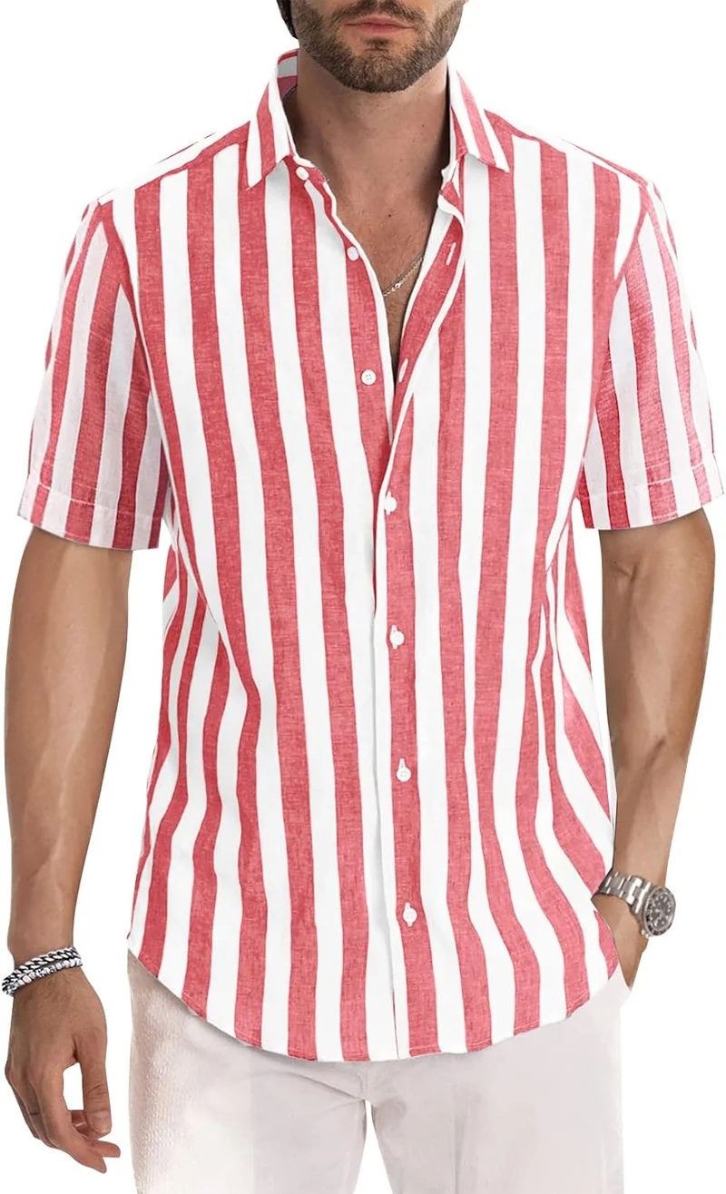 Julien Chemise Homme – Chemise Rayée Manches Courtes, Style Été Casual Chic
