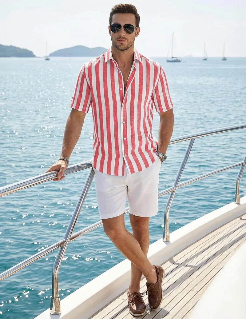 Julien Chemise Homme – Chemise Rayée Manches Courtes, Style Été Casual Chic