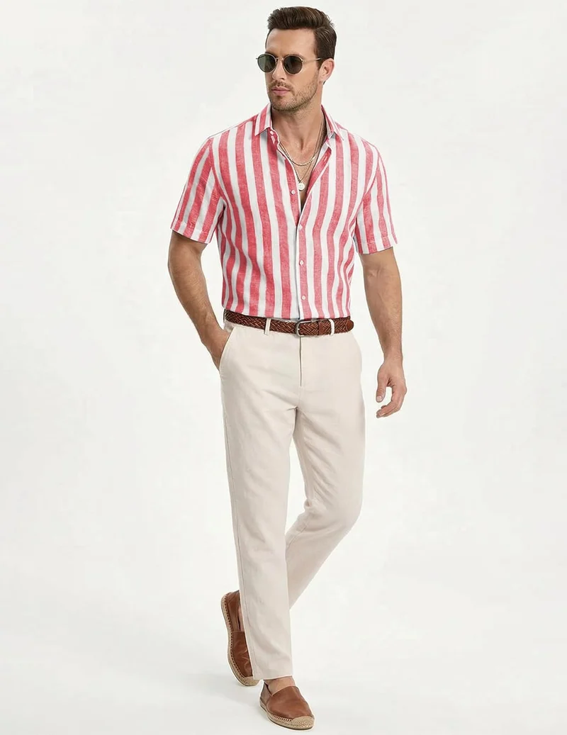 Julien Chemise Homme – Chemise Rayée Manches Courtes, Style Été Casual Chic
