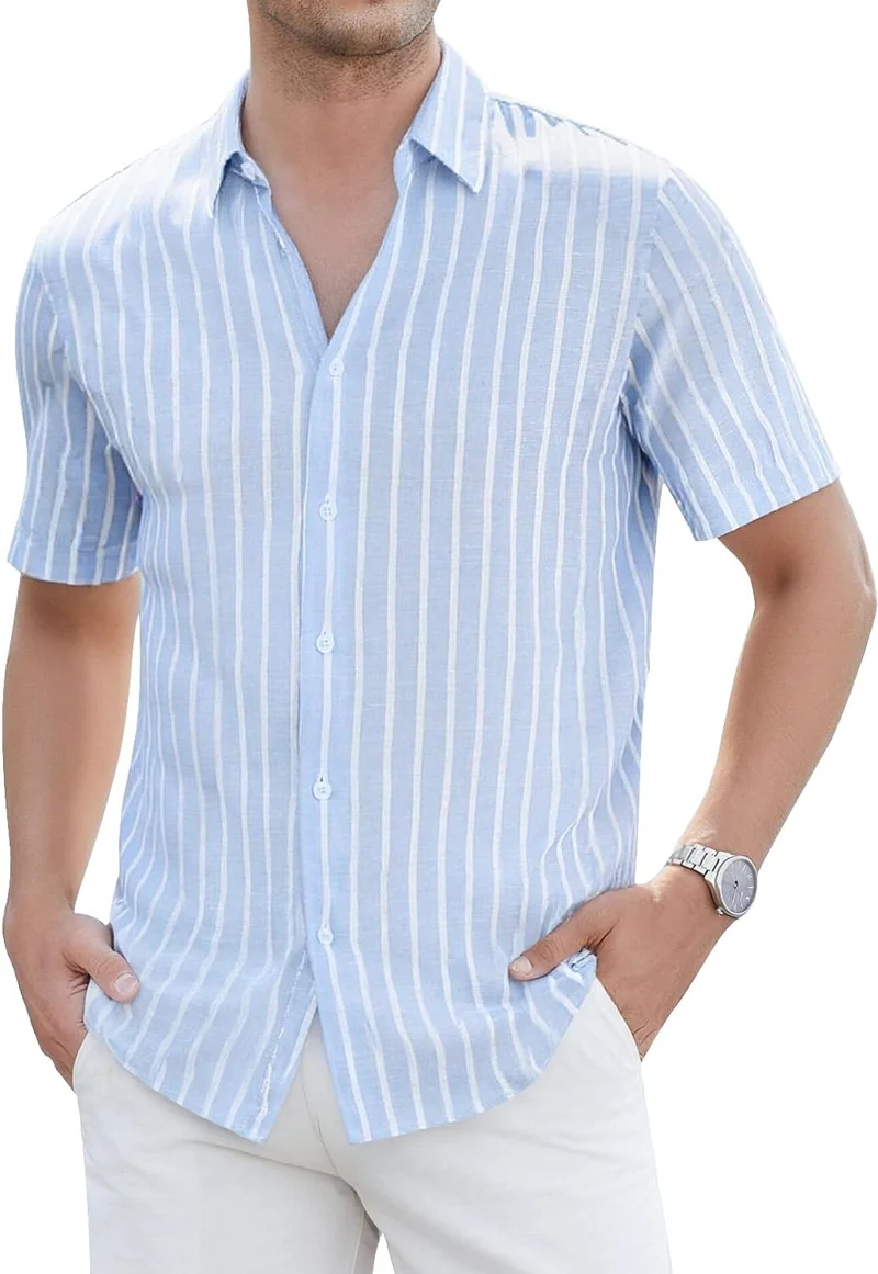 Marco Chemise Homme – Chemise Lin Rayée Manches Courtes, Style Été Casual Chic