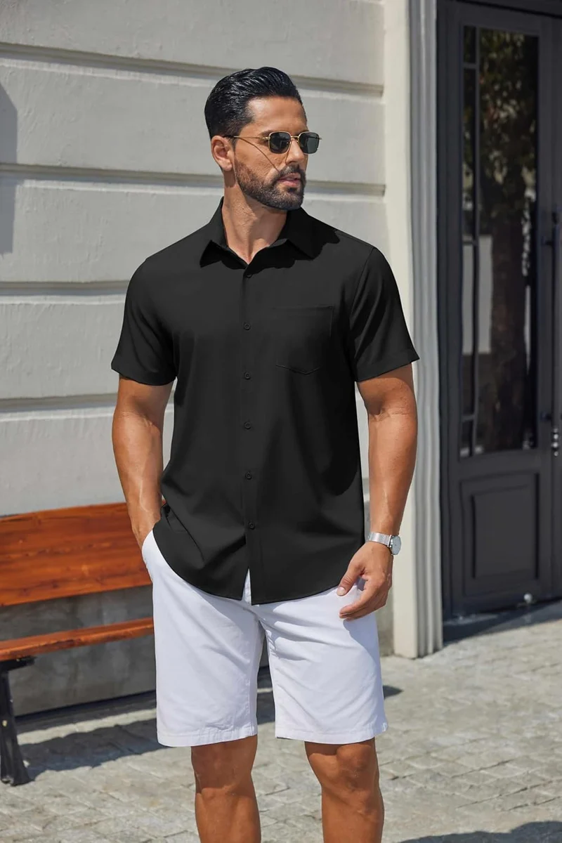 Hulyo Chemise Homme – Chemise Stretch Manches Courtes, Boutonnée & Style Casual Chic
