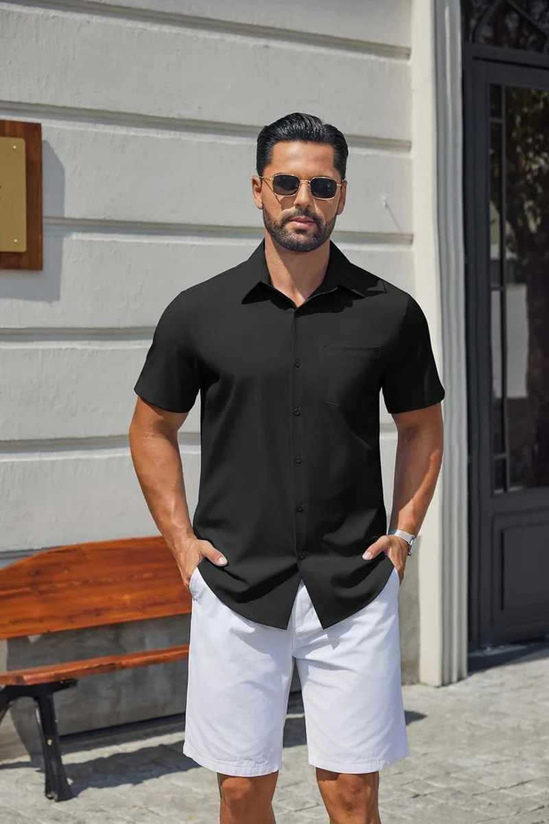 Hulyo Chemise Homme – Chemise Stretch Manches Courtes, Boutonnée & Style Casual Chic