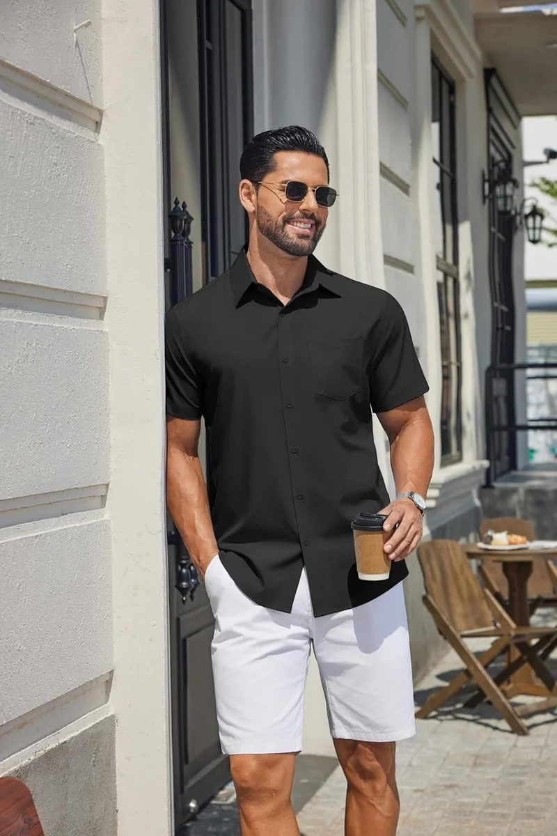Hulyo Chemise Homme – Chemise Stretch Manches Courtes, Boutonnée & Style Casual Chic
