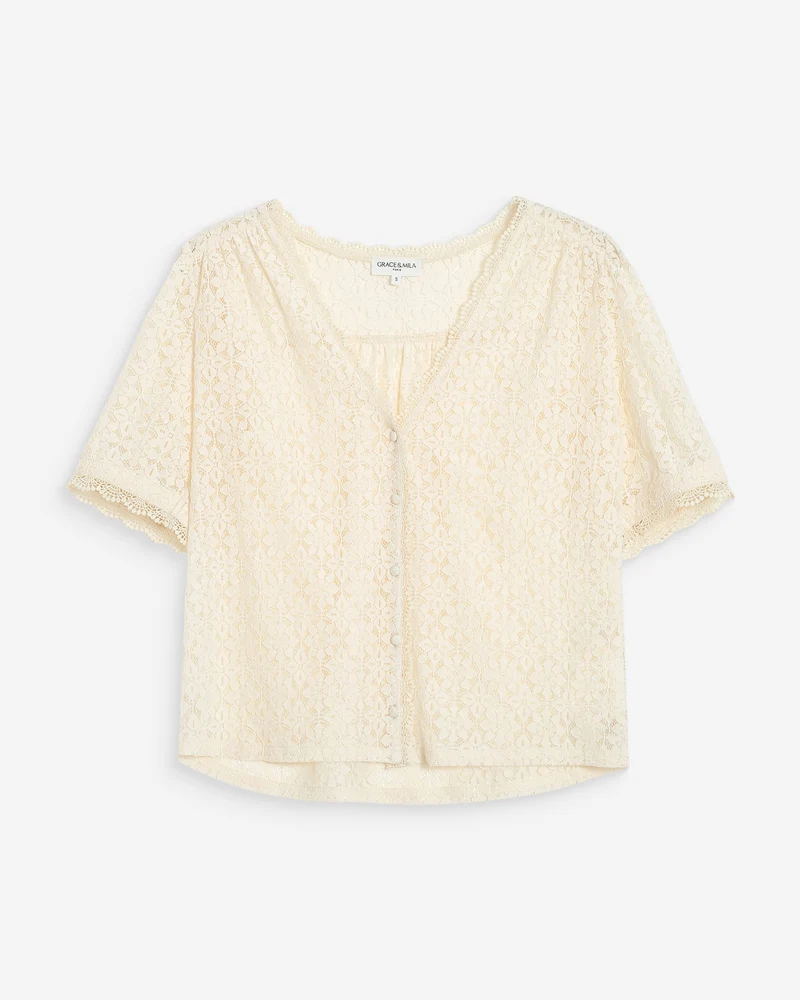Blouse en dentelle col V manches courtes amande Vicky