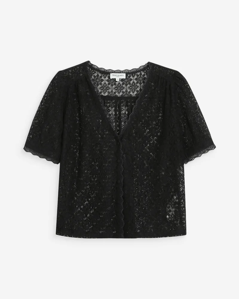 Blouse en dentelle col V manches courtes noir Vicky