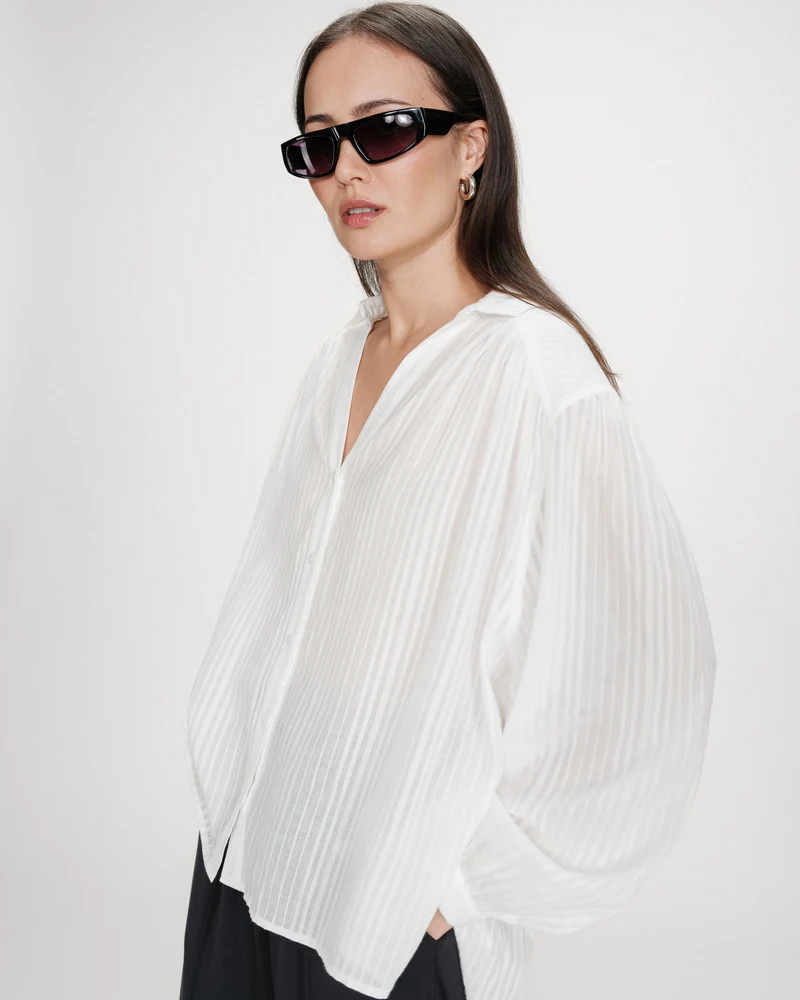 Chemise oversize en coton manches bouffantes ivoire Vibes