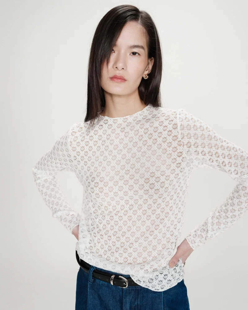 Top en dentelle transparent manches longues ivoire Valmy