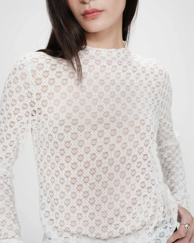 Top en dentelle transparent manches longues ivoire Valmy