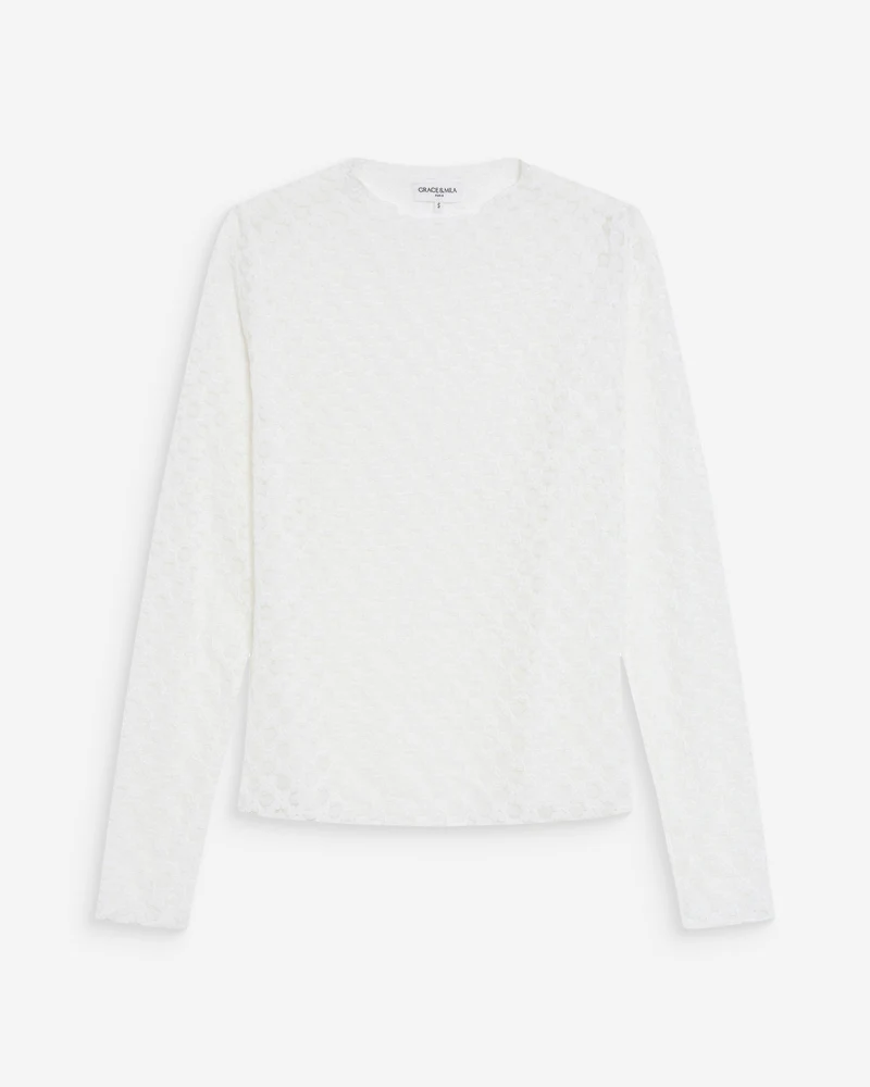 Top en dentelle transparent manches longues ivoire Valmy