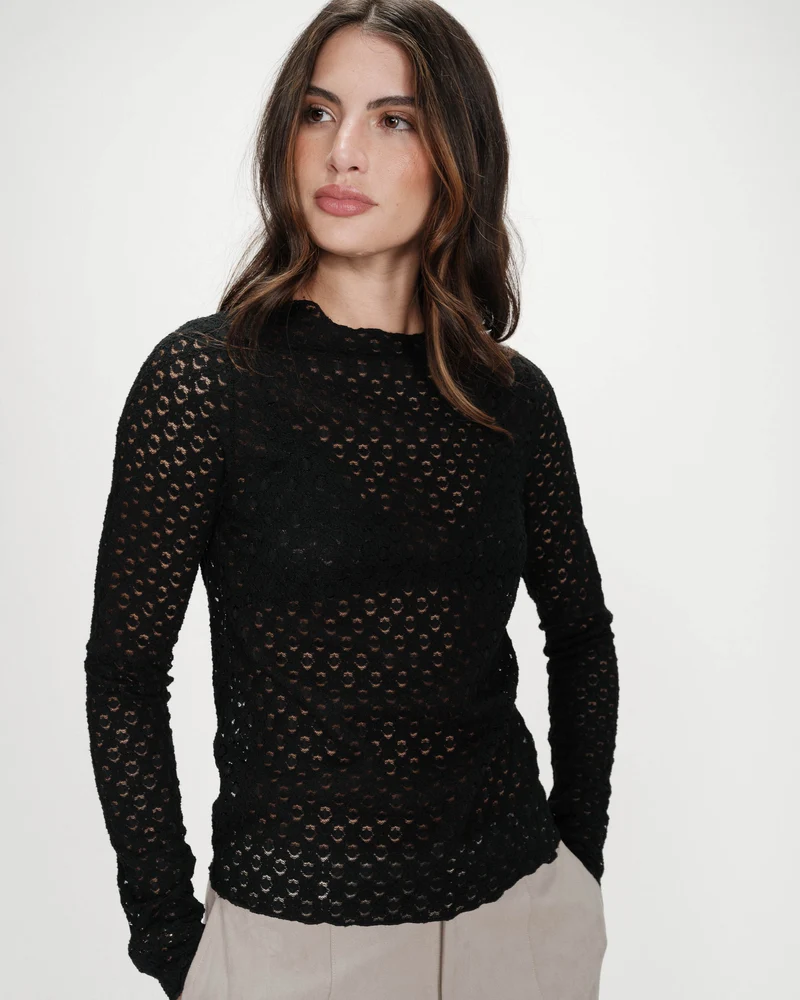 Top en dentelle transparent manches longues noir Valmy