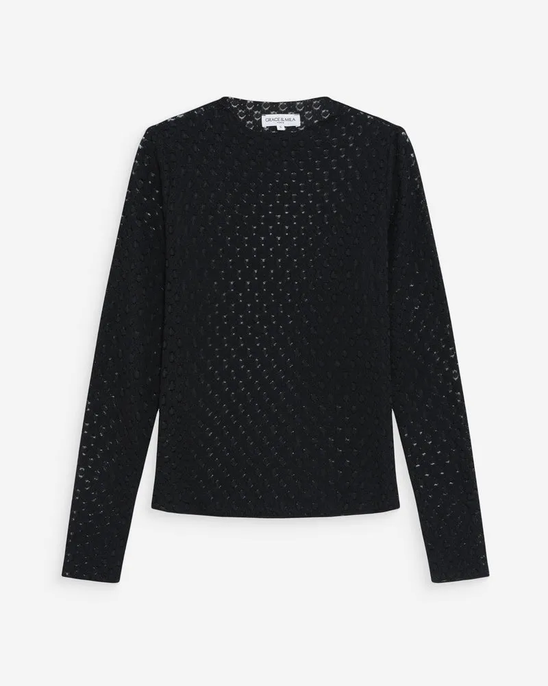 Top en dentelle transparent manches longues noir Valmy