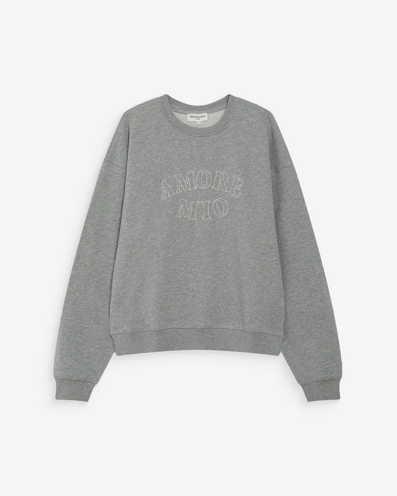 Pull oversize en coton à message brodé gris Valino