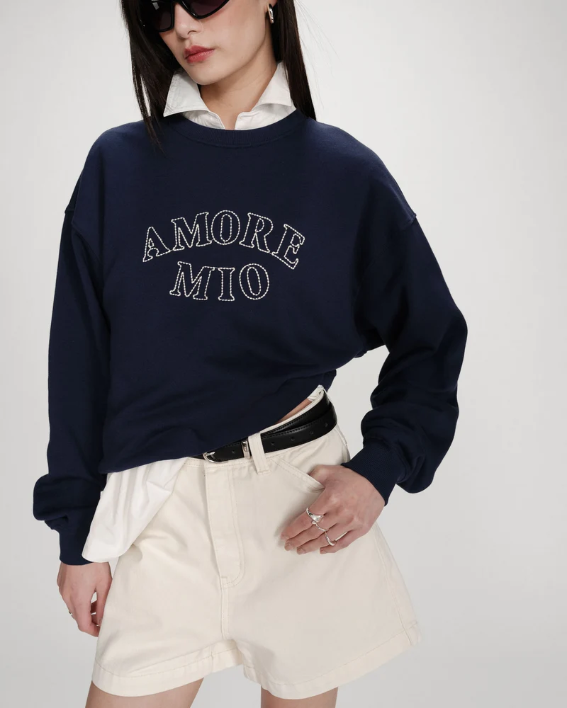 Pull oversize en coton à message brodé marine Valino