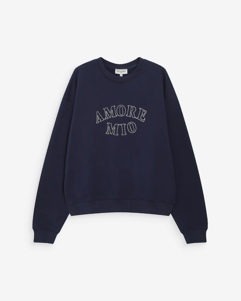 Pull oversize en coton à message brodé marine Valino