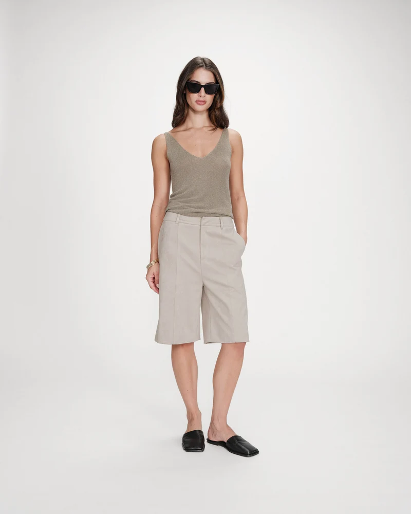 Top ajusté à bretelles col V en lurex kaki Paillette