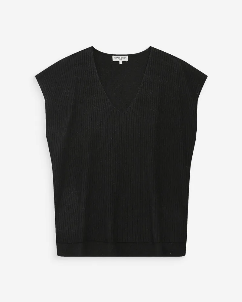 Top large en lurex col V noir Vaporo