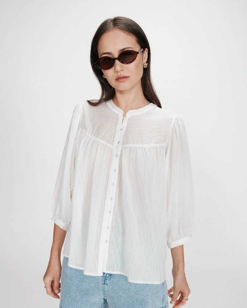 Blouse à manches ballons ample boutonnée ivoire Vanille