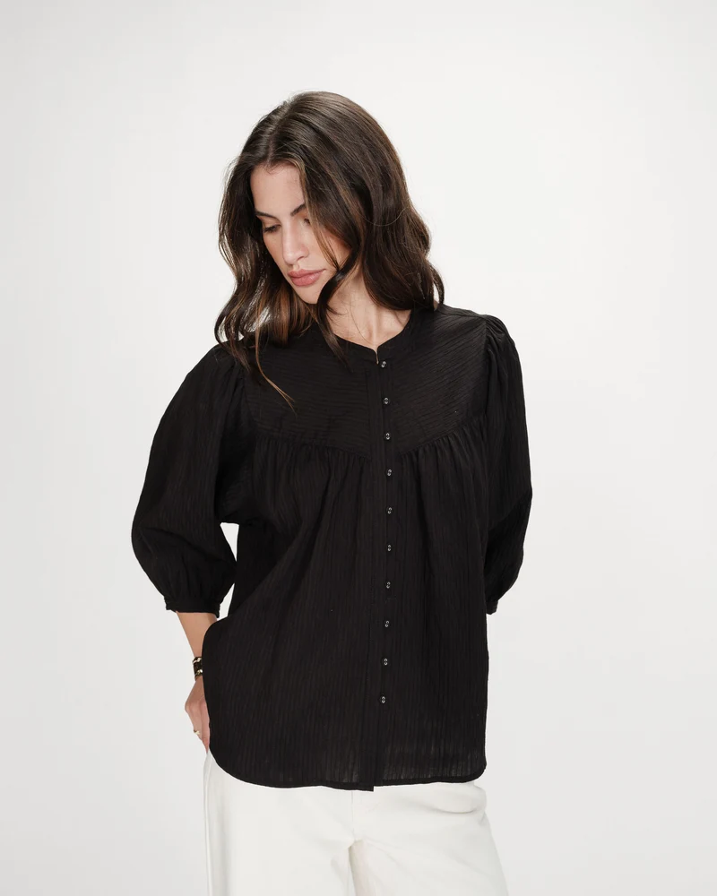 Blouse à manches ballons ample boutonnée noir Vanille