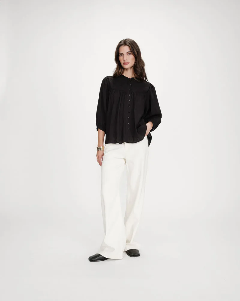 Blouse à manches ballons ample boutonnée noir Vanille