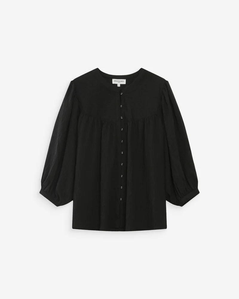 Blouse à manches ballons ample boutonnée noir Vanille