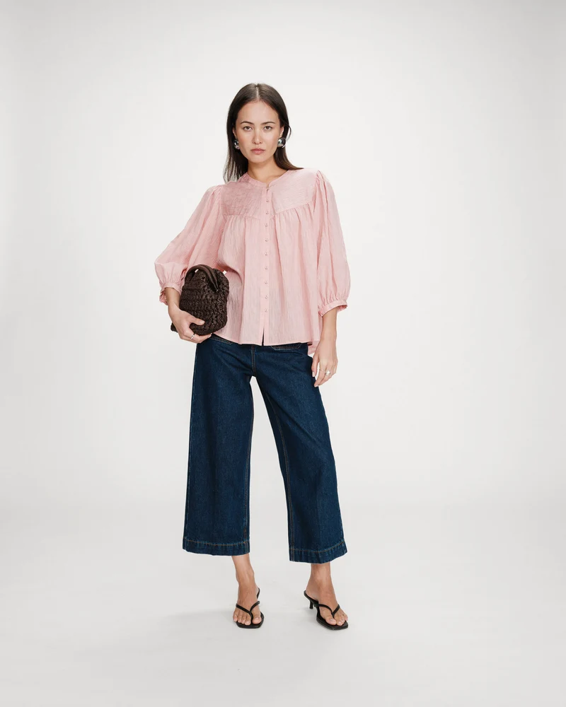 Blouse à manches ballons ample boutonnée rose Vanille