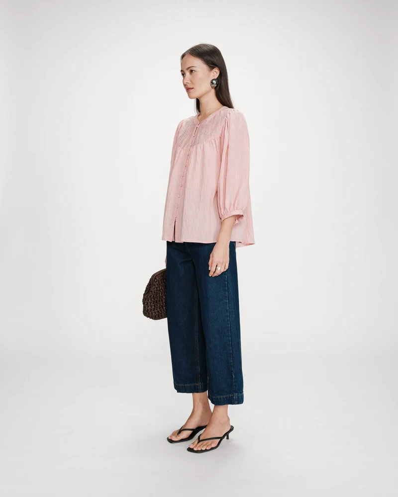 Blouse à manches ballons ample boutonnée rose Vanille
