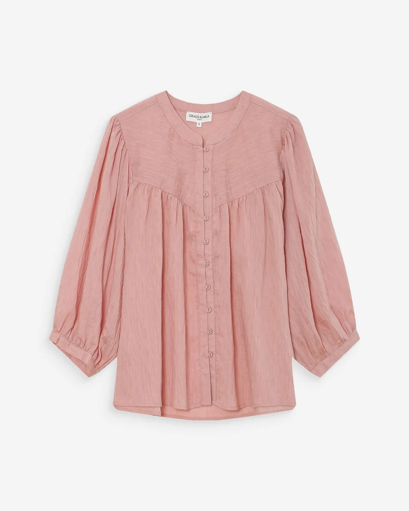 Blouse à manches ballons ample boutonnée rose Vanille
