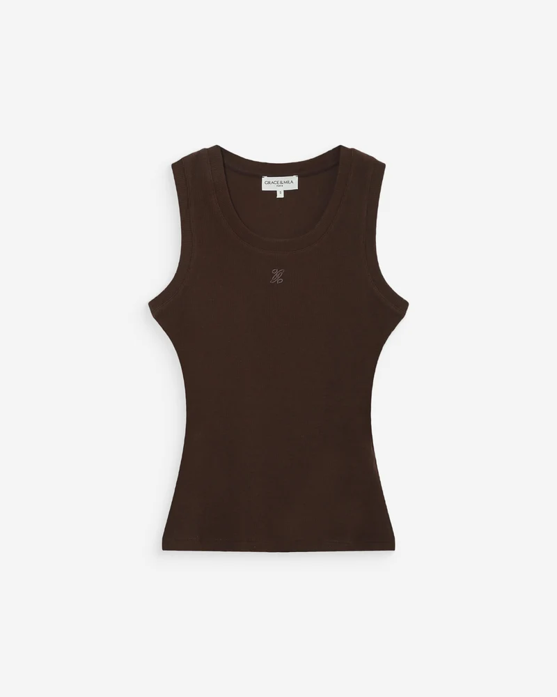 Débardeur ajusté brodé en jersey de coton chocolat Valou