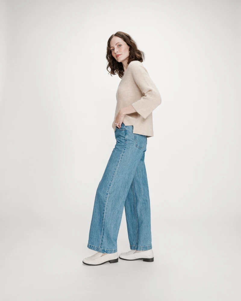 Pull oversize manches 3/4 col V beige Vicenzo