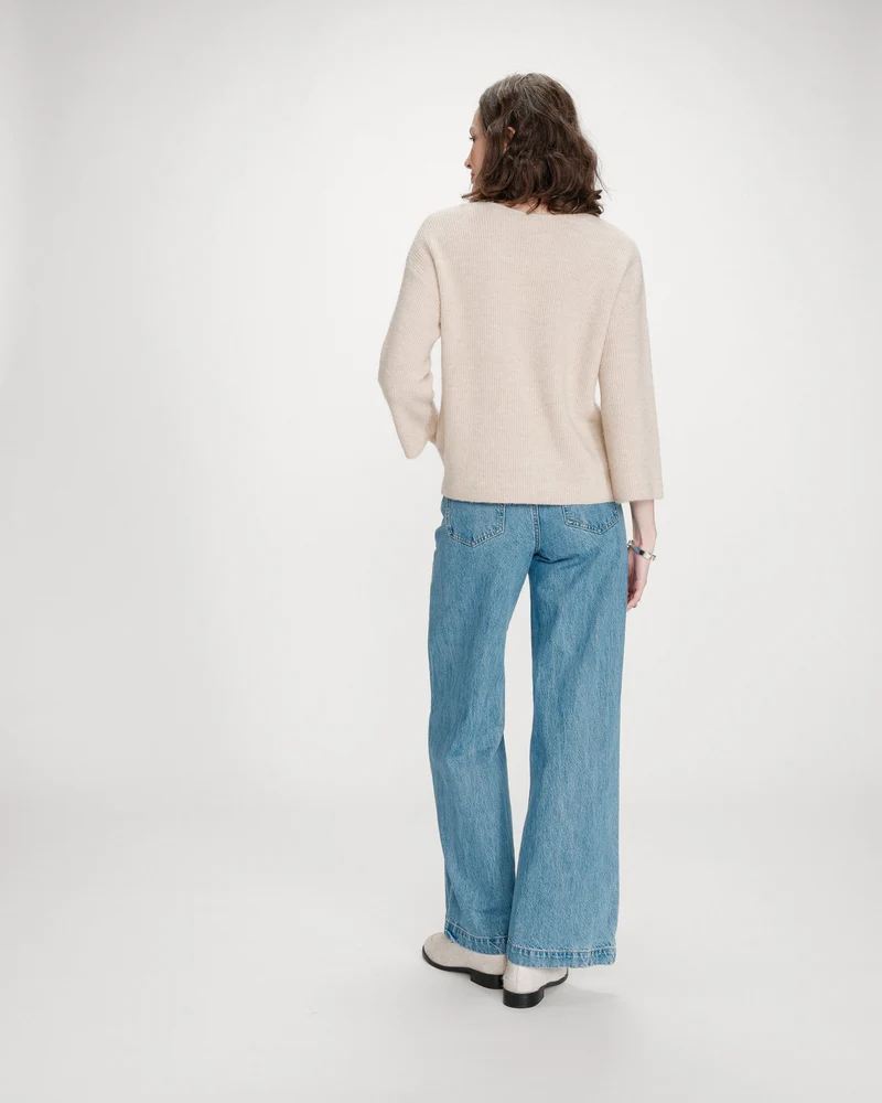 Pull oversize manches 3/4 col V beige Vicenzo