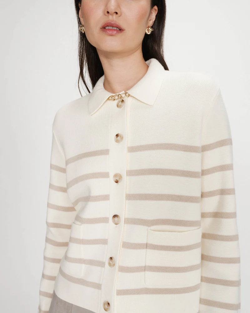 Cardigan boutonné à col chemise avec poches ecru Maelys