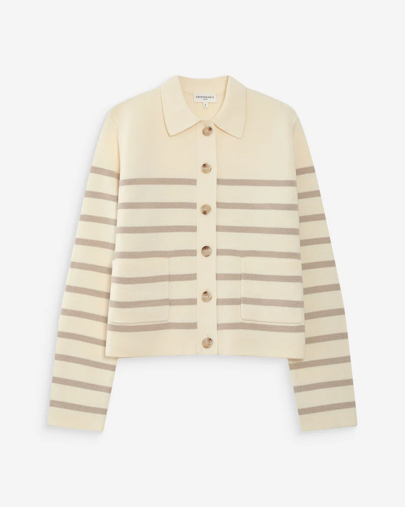 Cardigan boutonné à col chemise avec poches ecru Maelys
